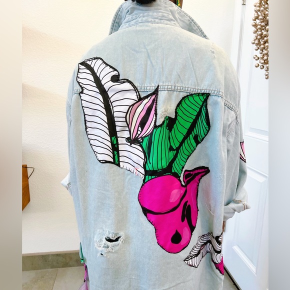 Distressed Denim Tunic with Tropical Print. Only 1 made. - Picture 5 of 7